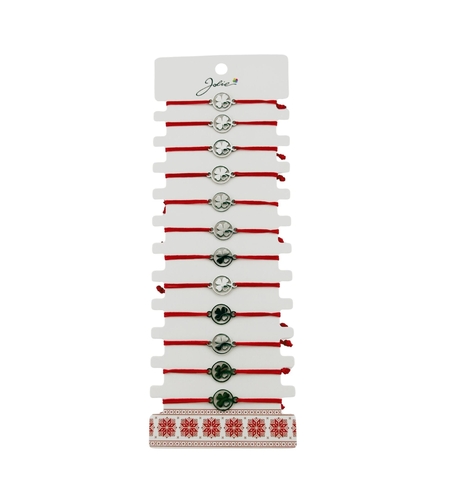 Bratara Martisor pentru Dama, Jolie, Model Trifoi cu Inima, Set 12 bucati, Pandativ Argintiu din Inox cu Snur Rosu Ajustabil