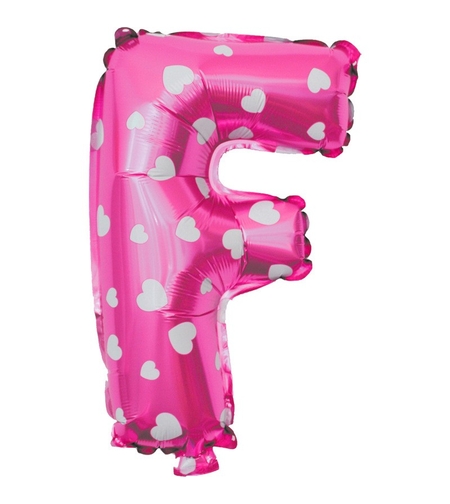 Balon Folie Metalizata Litera F, Flippy, 40 cm, Cu Imprimeu Inimioare, Umflati cu Heliu sau Aer, Ambalaj Individual, Pai inclus, Roz