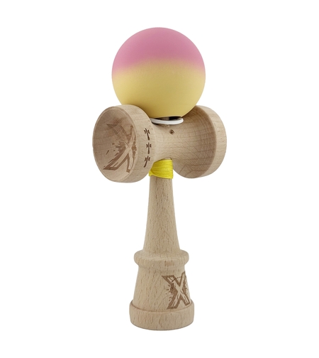 Kendama X Originala, Profesionala, Flippy, Rubber Grip, Cupe Mari KING SIZE V3, Gaura in Baza, Rulment Metalic, din lemn 18 cm, Ata 62/65 cm, Gradient Roz/Galben