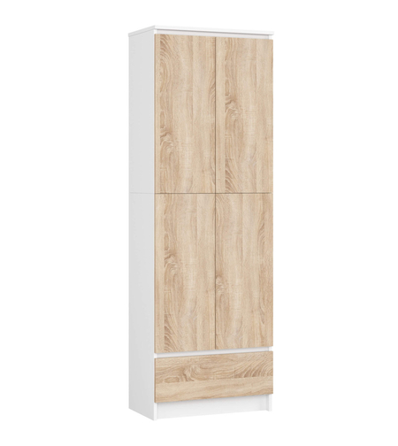 Dulap inchis cu 2 usi si sertar, 4 rafturi, PAL laminat 16 mm, 60x35x180 cm, alb si stejar sonoma