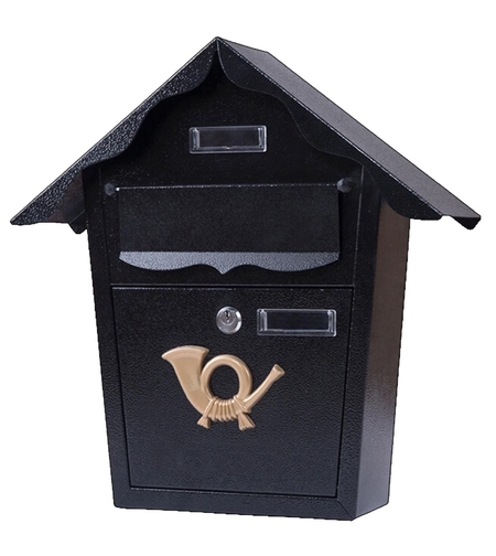 Cutie postala eleganta din metal negru, design clasic cu emblema aurie, rezistenta la intemperii, 38x38x10cm