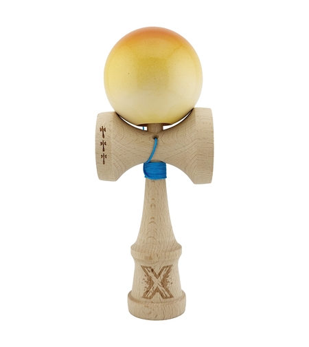 Kendama X Originala, Profesionala, Flippy, Big Cups V2, Super Sticky cu Cupe Mari, din lemn 18 cm, Rulment Metalic cu Ata 55 cm, Portocaliu/Galben/Alb