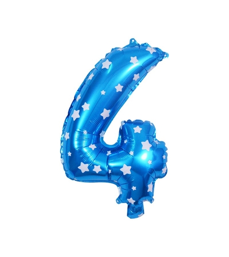 Balon din Folie Metalizata Flippy, Figurina Cifra, Imprimeu Stele, Tema Aniversare 80 cm, Ambalaj Individual, Pai inclus, Umflare cu Aer sau Heliu, Albastru, Cifra 4