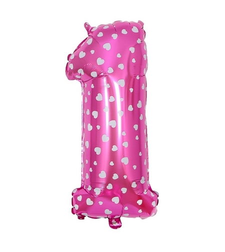 Balon din Folie Metalizata Flippy, Figurina Cifra, Imprimeu Inimi, Tema Aniversare 80 cm, Ambalaj Individual, Pai inclus, Umflare cu Aer sau Heliu, Roz, Cifra 1