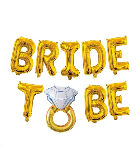 Set Baloane din Folie Metalizata, Flippy, Model Bride to Be cu Inel de Logodna, Litere de 40 cm, Baloane Party, Ambalaj Individual, Pai Inclus, Umflare cu Aer sau Heliu, Auriu