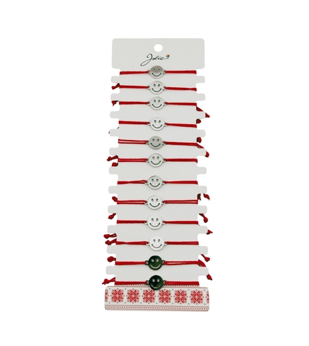 Bratara Martisor pentru Dama, Jolie, Model Smile, Set 12 bucati, Pandativ Argintiu din Inox cu Snur Rosu Ajustabil