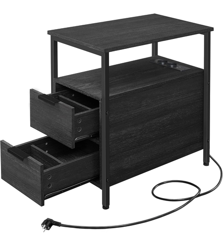 VASAGLE Noptiera 60x35x61 cm, cu 2 sertare, rafturi si priza incorporata, PAL si otel, gri antracit si negru