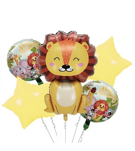 Set 5 Baloane din Folie Metalizata, Flippy, Figurine, Tema Aniversare Jungla, Pai Inclus, Ambalaj Individual, Umflare cu Aer sau Heliu, Figurina Leu 69.5x101 cm, Stelute si Cerculete 45 cm, Multicolor