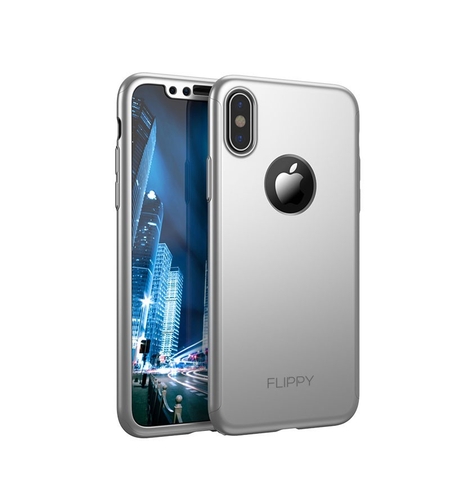 Set Husa si Folie de Protectie, Flippy, Compatibila cu Apple iPhone X, Full Cover 360°, Plastic + Sticla, Argintiu