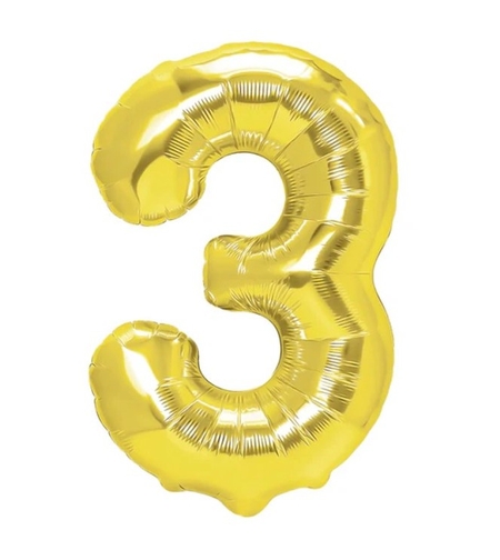 Balon din Folie Metalizata Flippy, Figurina Cifra, Tema Aniversare 40 cm, Ambalaj Individual, Pai inclus, Umflare cu Aer sau Heliu, Auriu, Cifra 3