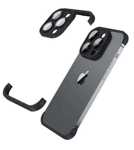 Husa Metalica Edgeless Compatibila cu iPhone 15 Pro, Vafy, Protectie pentru Colturi si Camera, Aliaj, Antisoc, Antizgariere, Negru Metalizat