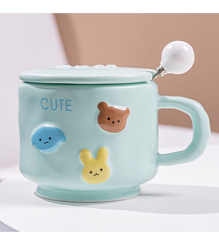 Cana ceramica, Flippy, din Portelan, print Figurine Animalute, Cana penru Copii, Model CUTE, Cana cu Lingura si Capac, Ceasca pentru Cafea, Ceai, 400ml Albastru