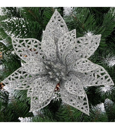 Set 10 ornamente pentru bradul de Craciun, stea Poinsettia, 10cm, argintiu