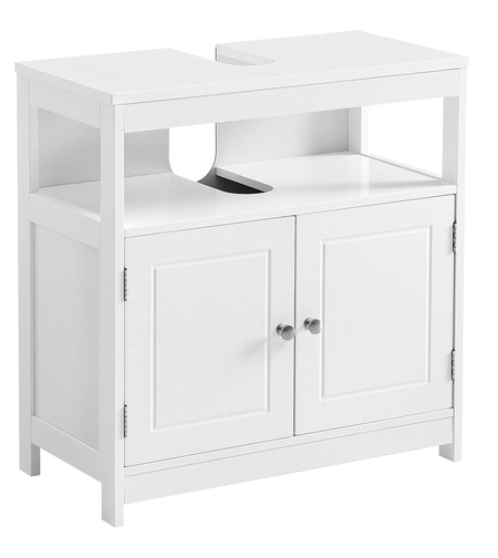 VASAGLE Dulap baie 60x30x60 cm, 2 usi, compartiment deschis, stil scandinav, alb mat