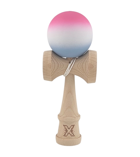 Kendama X Originala, Profesionala, Flippy, din Lemn, Rubber Grip, 18 cm, Roz/Alb/Gri