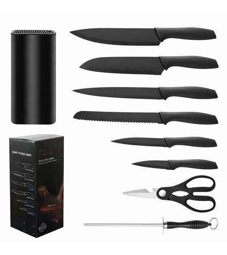 Cutite Bucatarie, Set 9 Piese, Vafy, Otel Inoxidabil cu Acoperire Antiaderenta, Suport Depozitare Inclus, 6 Cutite, Tija Ascutire si Foarfeca Bucatarie, 31 x 10 x 10 cm, Negru