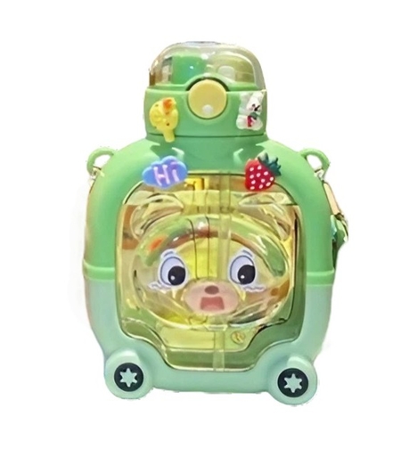 Sticla cu pai pentru copii, Flippy, model ursulet, gradata, stickere aplicate, curea reglabila, din plastic rezistent la cadere, 1l, Verde, 20 x 13 cm