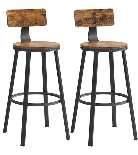 VASAGLE Set de 2 scaune de bar inalte cu spatar, cadru din otel, industrial, 54x99cm, maro rustic