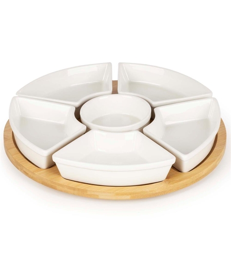 Set servire rotativ cu platou din bambus si 6 boluri din portelan, 30 cm, maro natur si alb