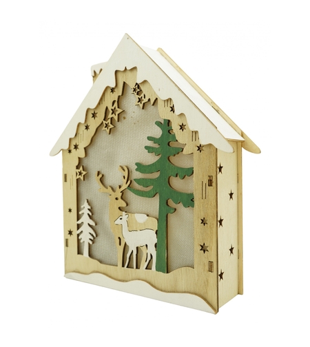 Decoratiune luminoasa, model de Casa cu Reni, maro, lungime: 18 cm, latime: 5 cm, inaltime: 21 cm, lemn, interior/exterior