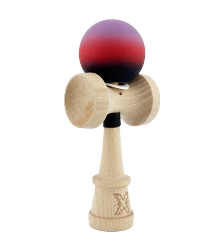 Kendama X Originala, Profesionala, Flippy, Cupe Mari KING SIZE V3, Rubber Grip, Gaura in Baza, Rulment Metalic, din lemn 18 cm, Ata 62/65 cm, Gradient Mov/Rosu/Negru