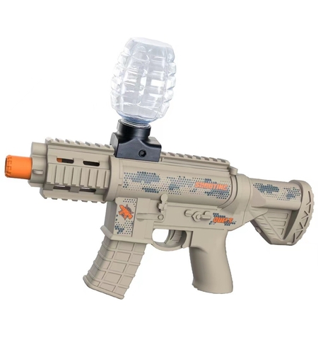 Mitraliera de jucarie electrica Flippy cu bile de hidrogen de gel, gun bluster, tragere in rafala, varsta peste 6 ani, 2 in 1 bile si ventuze, ochelari de protectie, 5000 de bile incluse, cablu de incarcare, 27x31.5 cm, Mp9, crem