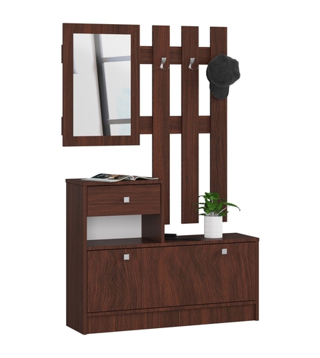 Set mobilier hol cu pantofar, oglinda, sertar si cuier metalic, PAL laminat, 90x25x170 cm, maro
