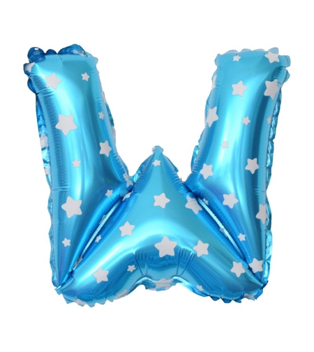 Balon Folie Metalizata Litera W, Flippy, 40 cm, Cu Imprimeu Stelute, Umflati cu Heliu sau Aer, Ambalaj Individual, Pai inclus, Albastru