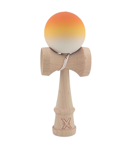Kendama X Originala, Profesionala, Flippy, din Lemn, Rubber Grip, 18 cm, Portocaliu/Galben/Alb