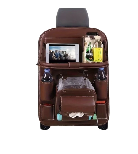 Organizator Spate Scaun Auto, Flippy, Masa Pliabila, Piele Ecologica, Impermeabil, Suport pentru Tableta, Sortare Lucruri si Protejare Tapiterie, 40 x 63cm, Maro