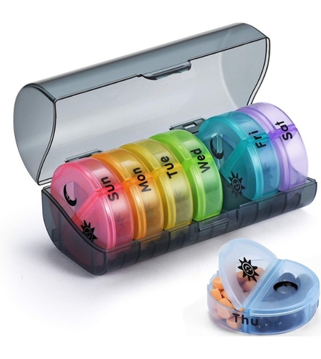 Cutie Depozitare Medicamente, Flippy, 7 Zile, 14 Compartimente, Cutie Suport, Recipiente Detasabile, Portabila, Recipiente Colorate, Suport Negru, 17.5x11x9.5 cm