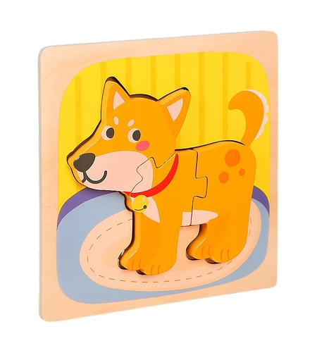 Puzzle Montessori din Lemn pentru Copii, Flippy, 3D, 0-3 Ani, Model Catel, Educativ, Intuitiv, Creativ, 3 Piese, 15x15x0.5 cm, Multicolor