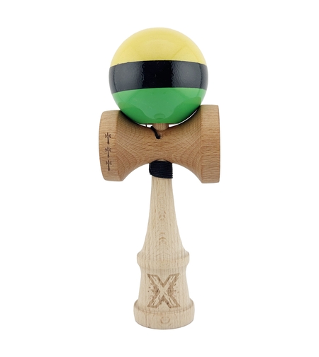 Kendama X Originala, Profesionala, Flippy, Big Cups V2, Super Sticky cu Cupe Mari, Rulment Metalic, din lemn 18 cm, Ata 55 cm, Galben/Negru/Verde