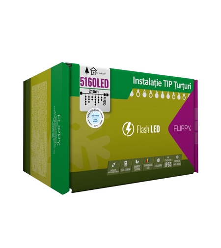 Instalatie Craciun Profesionala de Exterior IP65, 215 m, 5160 Led-uri Mari ,Franjuri, Alb rece, Flash, Alimentator, Interconectabila, Prelungitor 6.5 m inclus, Fir Negru Cauciucat, 220v, Vafy