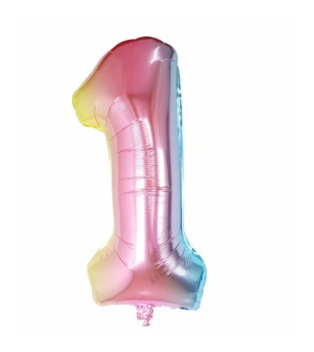 Balon din Folie Metalizata Flippy, Figurina Cifra Gradient, Tema Aniversare 40 cm, Ambalaj Individual, Pai inclus, Umflare cu Aer sau Heliu, Multicolor, Cifra 1