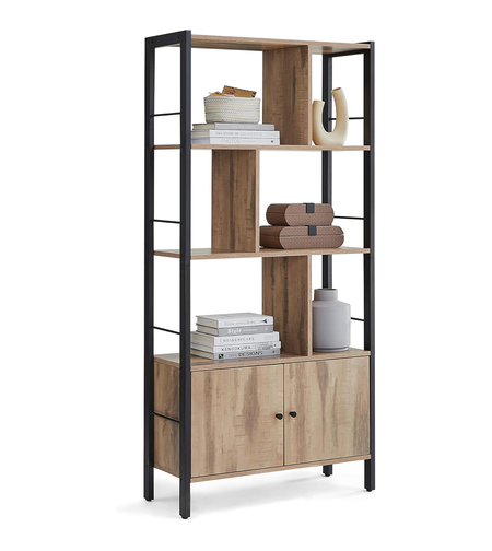 VASAGLE Biblioteca cu 4 rafturi si dulap inferior cu 2 usi, stil industrial, 74x30x155cm, stejar