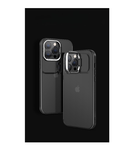 Husa de protectie pentru iPhone 14, cu suport metalic pentru camera, Bracket Series, Vafy, Protectie Antisoc, PC mat, silicon moale pe margini, Negru