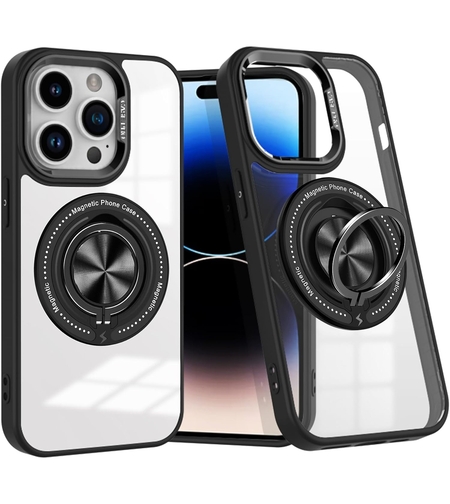Husa de Protectie TPU, Vafy, pentru iPhone 16 Pro, Anticadere, cu Incarcare Wireless, Tehnologie Magsafe, Inel Magnetic Rotativ cu Functie de Suport, Transparent-Negru