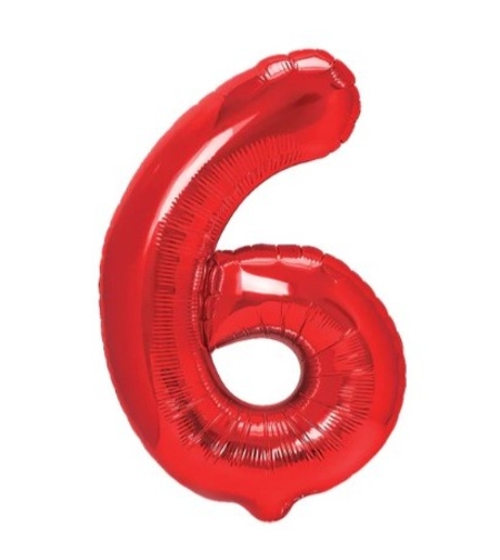 Balon din Folie Metalizata Flippy, Figurina Cifra, Tema Aniversare 40 cm, Ambalaj Individual, Pai inclus, Umflare cu Aer sau Heliu, Rosu, Cifra 6