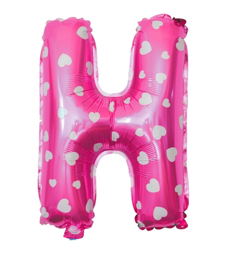 Balon Folie Metalizata Litera H, Flippy, 40 cm, Cu Imprimeu Inimioare, Umflati cu Heliu sau Aer, Ambalaj Individual, Pai inclus, Roz