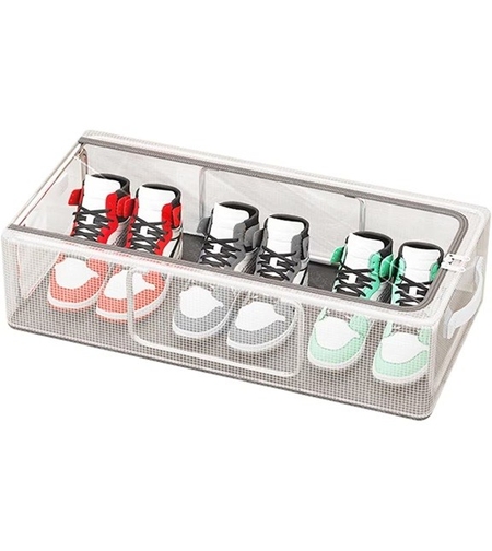 Cutie de Depozitare pentru Pantofi, Flippy, 40x30x21 cm, din Plasa PVC Impermeabila si Cadru de Otel, Pliabila, Fermoar Bidirectional, Transparenta
