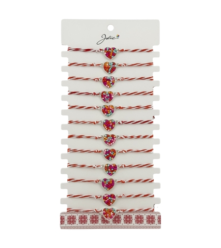 Bratara Martisor pentru Dama, Jolie, Model Inima Colorata, Set 12 bucati, Pandativ Argintiu din Inox cu Elemente Multicolore, Snur Alb/Rosu