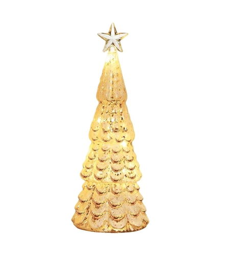 Decoratiune de Craciun, Flippy, Model Brad cu Stea, din Sticla, Lumini, Baterii 3 AA, 24 x 8 cm, Auriu