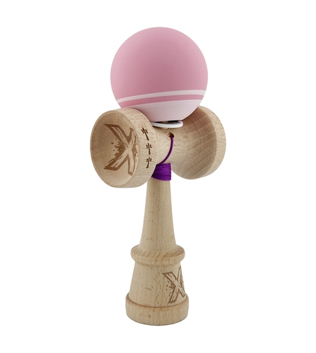 Kendama X Originala, Profesionala, Flippy, Rubber Grip, Cupe Mari KING SIZE V3, Gaura in Baza, Rulment Metalic, din lemn 18 cm, Ata 62/65 cm, Bicolor Roz/Roz deschis