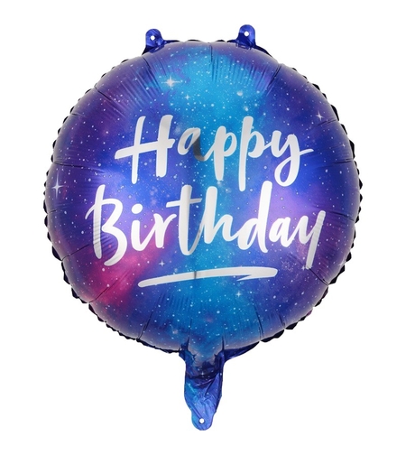 Balon din Folie Metalizata, Flippy, Mini Figurina Rotunda, Model Cer Instelat, Happy Birthday, Tematica Aniversare, 45 cm, Ambalaj Individual, Pai Inclus, Umflare cu Aer sau Heliu, Multicolor