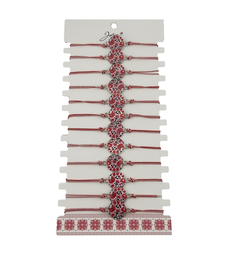 Bratara Martisor pentru Dama, Jolie, Model Rotund cu Flori, Set 12 bucati, Pandativ din Aliaj, cu Print Traditional, Snur Ajustabil Impletit, Alb/Rosu