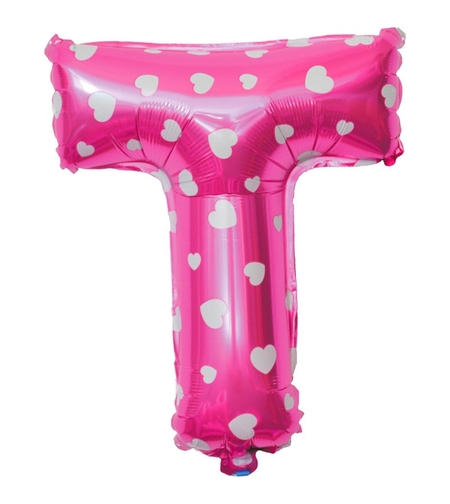 Balon Folie Metalizata Litera T, Flippy, 40 cm, Cu Imprimeu Inimioare, Umflati cu Heliu sau Aer, Ambalaj Individual, Pai inclus, Roz