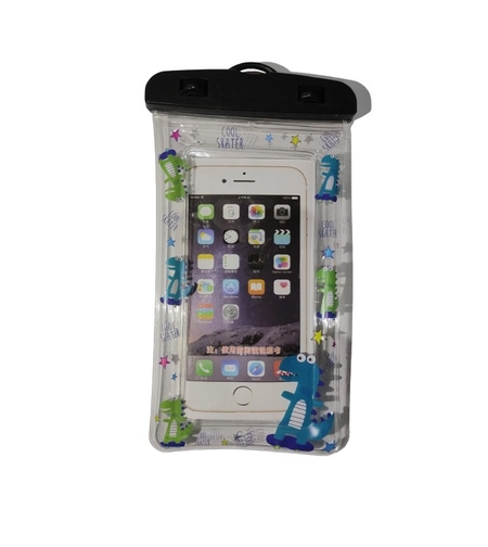 Husa subacvatica Kids Waterproof Flippy, Snowproof, Universala, cu Snur, pentru telefon sau documente, Dino, Negru