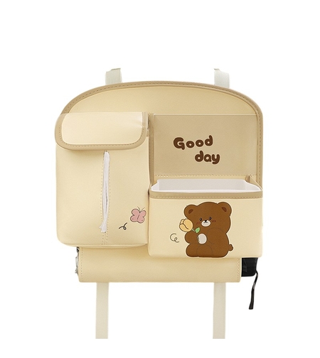 Geanta Multifunctionala de Depozitare, Flippy, pentru Bancheta din Spate a Masinii, Animat, Model Ursuleti, Scris Good Day, Suport Servetele si Telefon, 25x31 cm, Bej