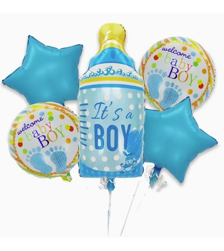 Baloane decorative GENDER REVEAL PARTY, Vafy, Figurina Sticluta, Model IT'S A BOY, Set din 5 baloane, 40 x 77 cm, pentru Botez, Albastru